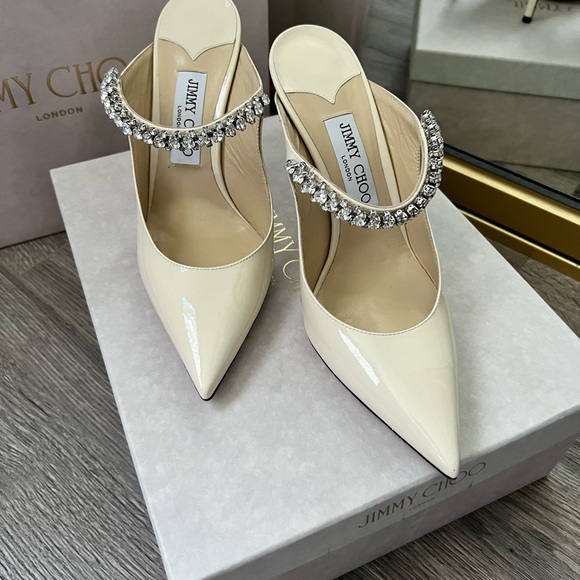 Jimmy Choo Bing 100 Ivory Patent Leather Mules with Crystal Strap - Picture 4 of 15